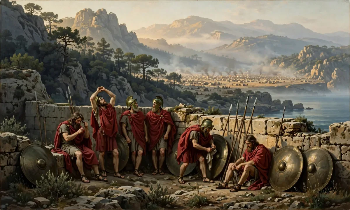 Painting of Spartan soldiers in red cloaks resting behind a stone wall in a narrow pass between cliffs and the sea, round bronze shields leaning on the stones, smoke from a distant camp.