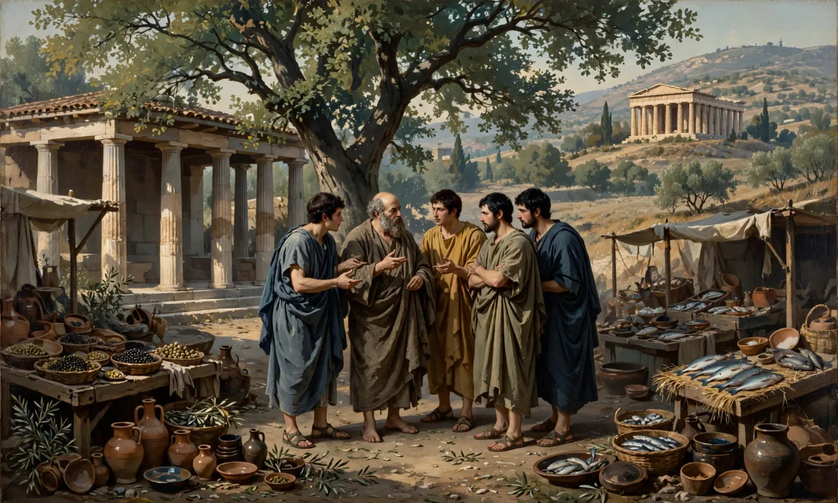 Painted scene of a barefoot older man in a worn cloak talking with young men under a tree in a busy marketplace, a Greek temple on the hill behind.