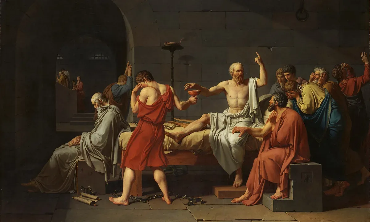 Painting of a bare-chested old man on a bed in a prison cell, pointing upward as he reaches for a cup, surrounded by mourning followers.