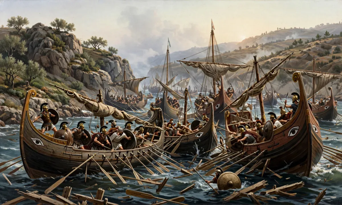 Painted naval battle of long oared warships ramming each other in a narrow channel between rocky shores.