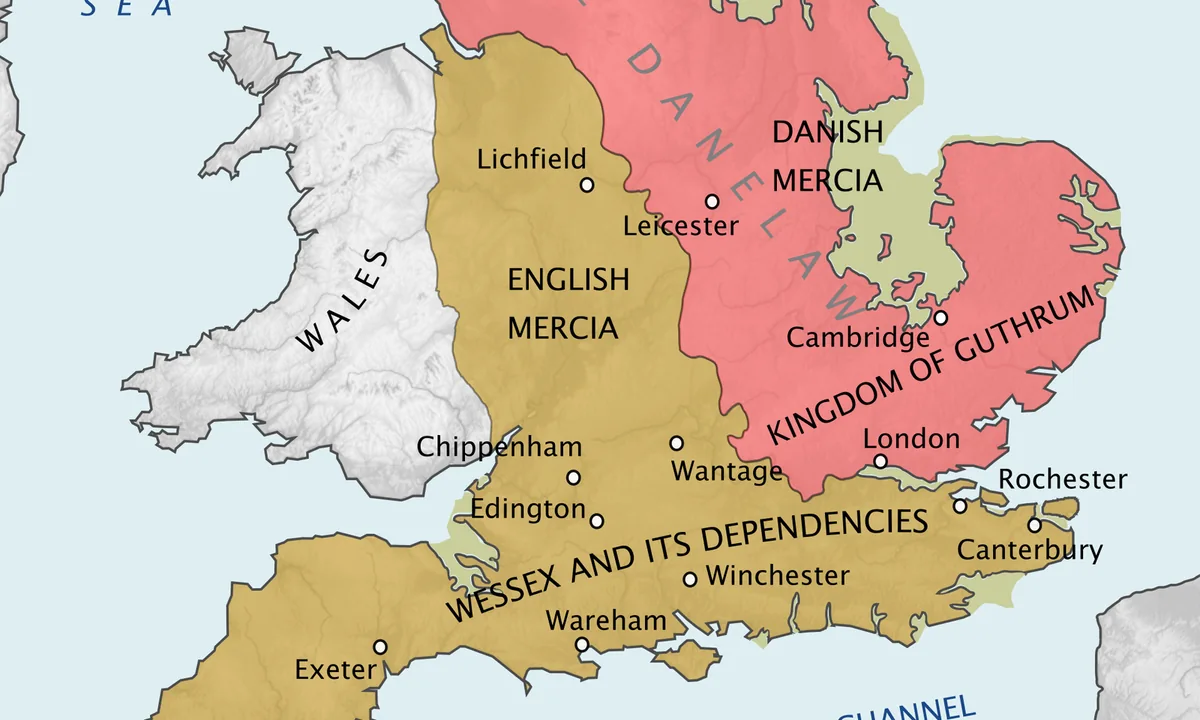 Map of England and Wales: a gold area across the south and west labelled Wessex and English Mercia, a yellow area in the far north labelled Northumbria, and a red area between them labelled the Danelaw and Kingdom of Guthrum.