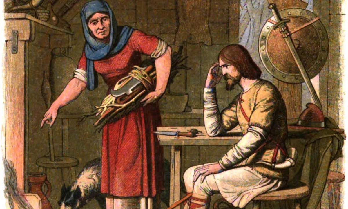 Colour illustration of a woman in a red dress carrying firewood and pointing towards the hearth, while a bearded man sits brooding at a table with a shield and sword on the wall.