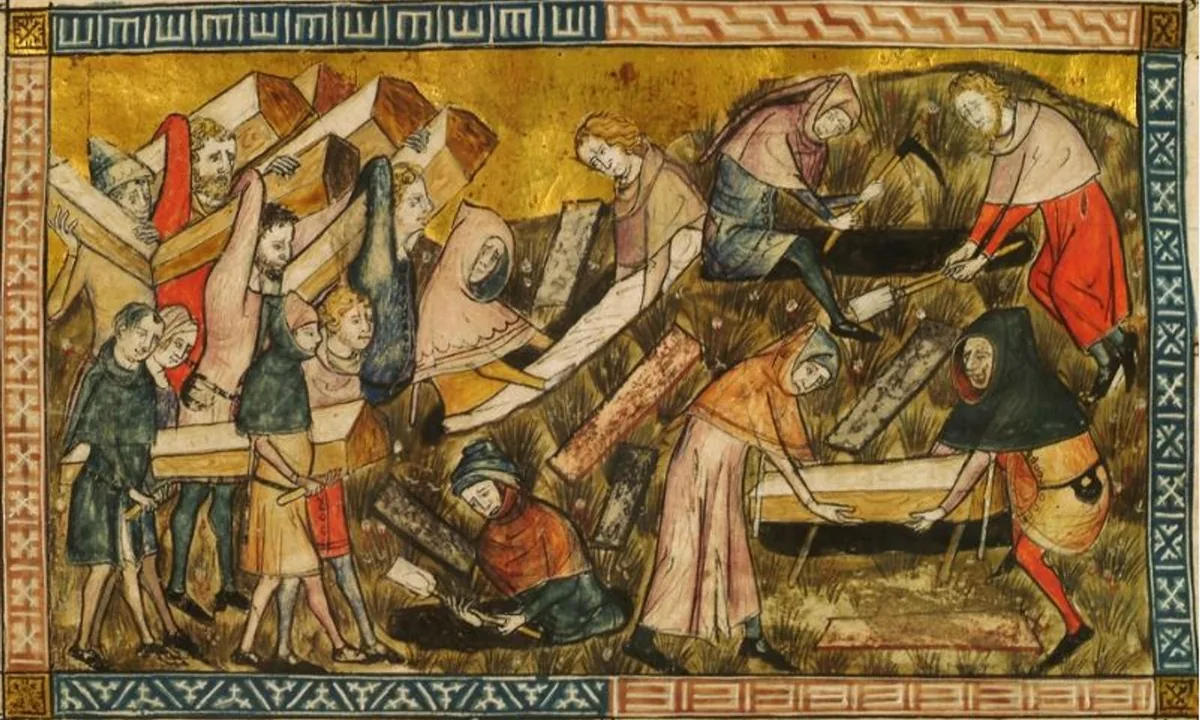 Medieval manuscript painting of men and women carrying coffins and digging graves, with more coffins crowded together on the ground.
