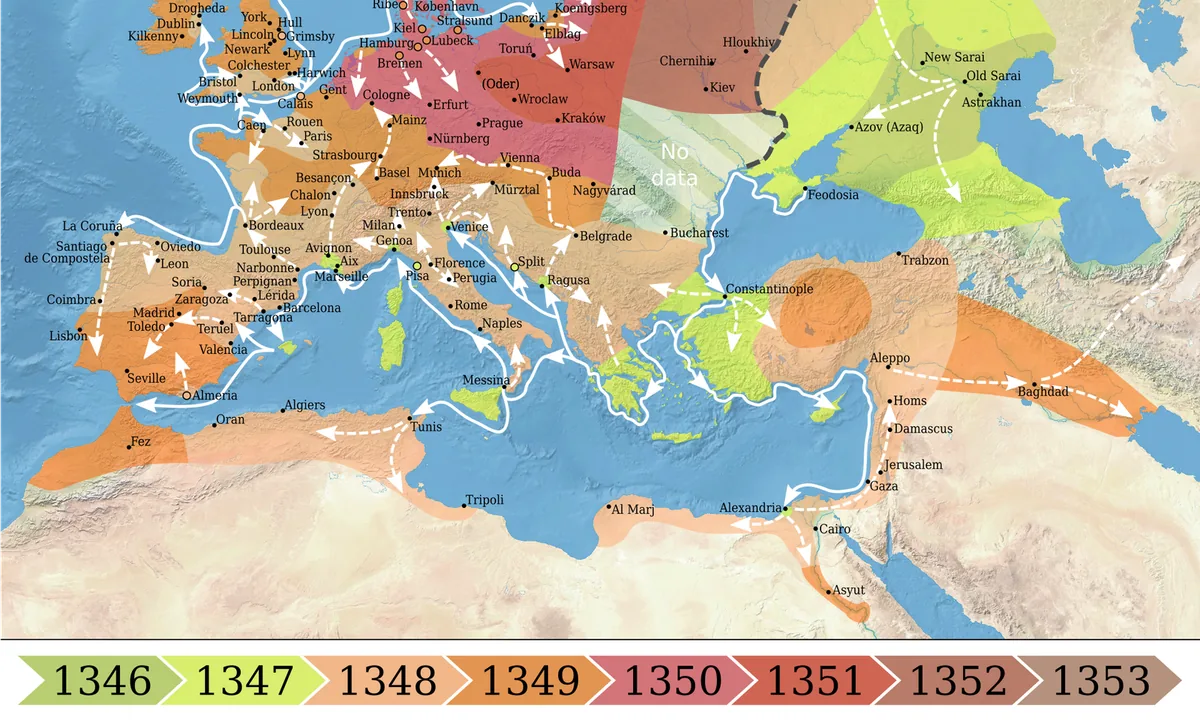 Map of Europe and the Mediterranean with coloured bands spreading outward from the Black Sea and Sicily across the continent.