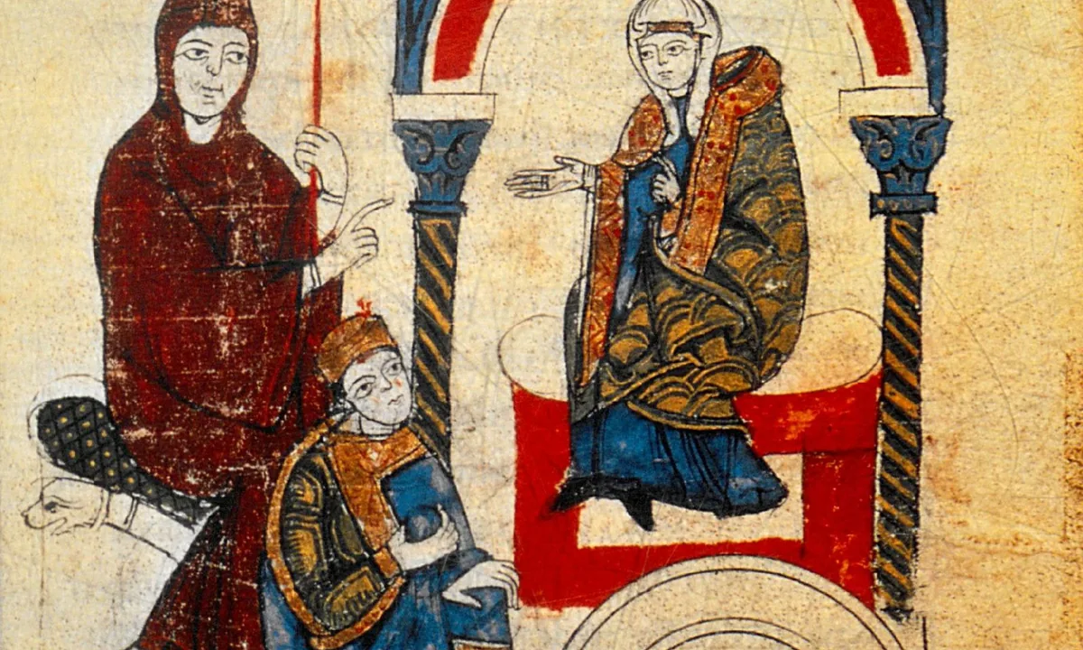 Medieval manuscript painting of a kneeling crowned man with hands raised towards a seated woman and a seated abbot, under painted arches.