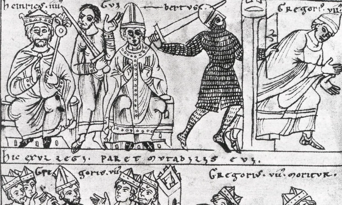 Two-tier medieval manuscript drawing: above, an enthroned king beside a pope; below, a pope being expelled and another lying on a deathbed.