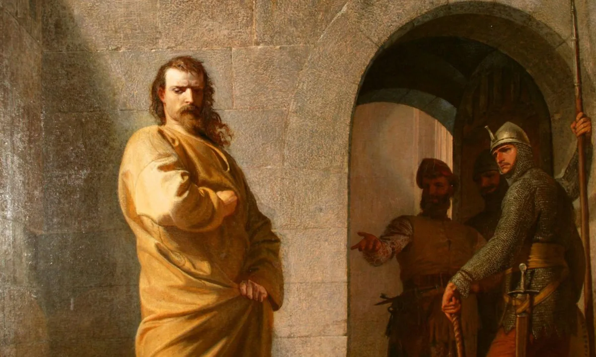 Nineteenth-century painting of a barefoot man in a pale robe standing in snow before a castle gateway, watched by figures above.