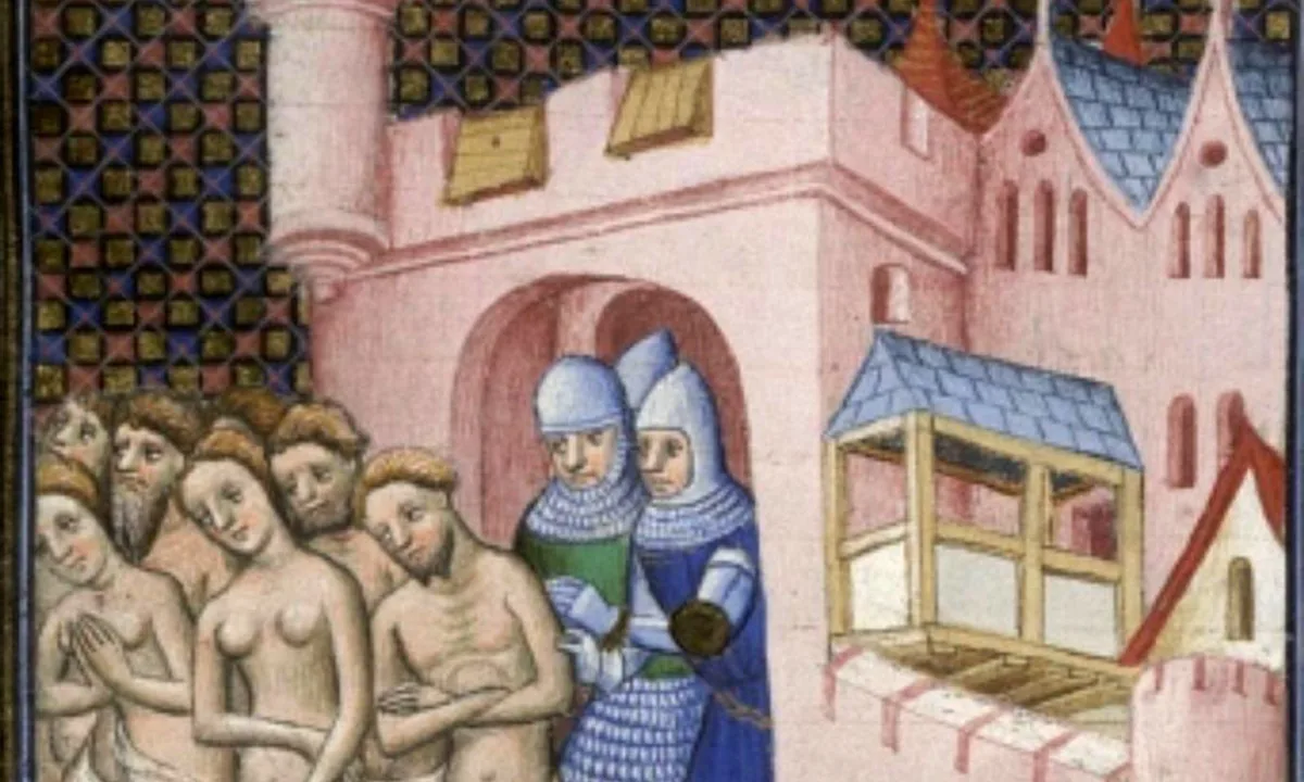 Medieval manuscript painting of men and women in their underclothes with hands folded, led out through a pink castle gate by two knights in mail hoods and blue and green surcoats.