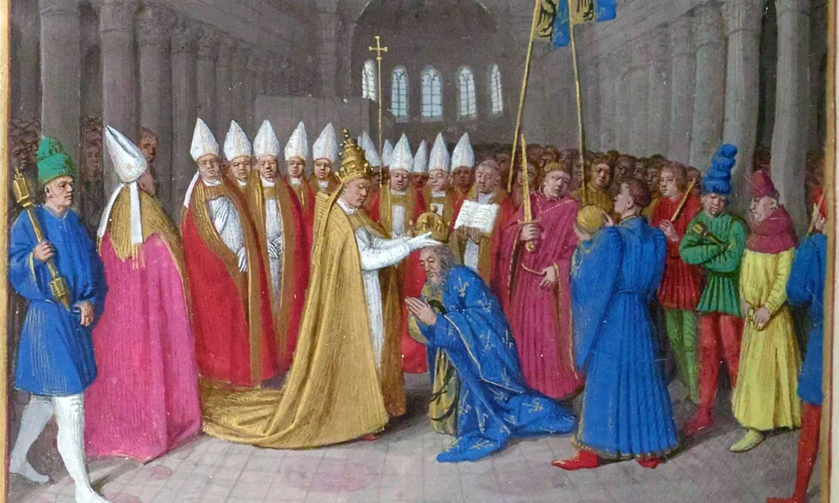 Medieval manuscript painting of a pope placing a crown on a kneeling king before an altar, with clergy and nobles crowding the church.