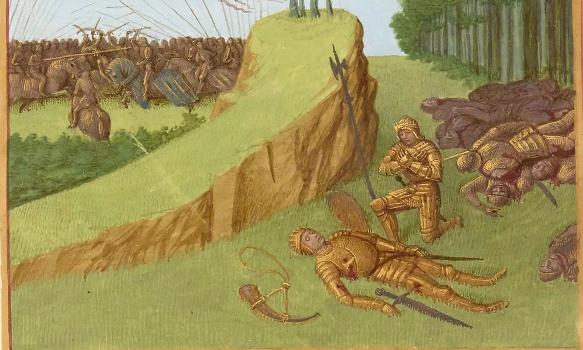 Medieval manuscript painting of armoured knights fighting in a mountain pass, with a fallen knight in the foreground.