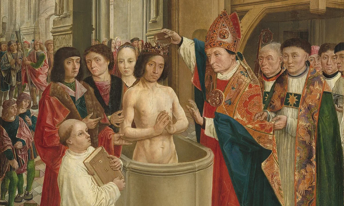Late medieval painting of a bishop pouring water over a kneeling, crowned man in a font, surrounded by clergy and courtiers inside a Gothic church.