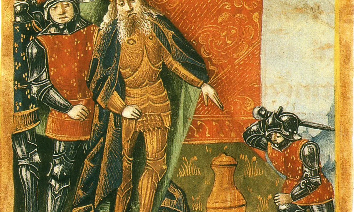 Medieval manuscript painting of a crowned king and armed men gathered around a vessel, with a warrior raising an axe.
