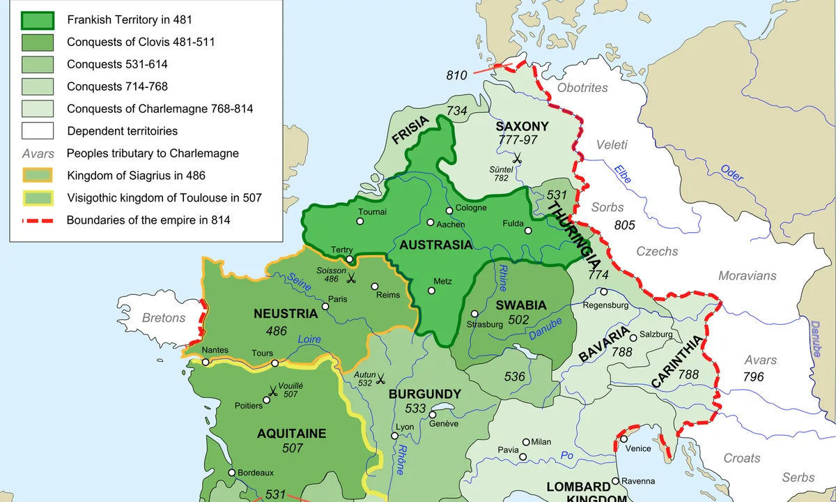 Colour-coded map of western Europe showing the Frankish kingdom expanding from northern Gaul across modern France, Germany and northern Italy.