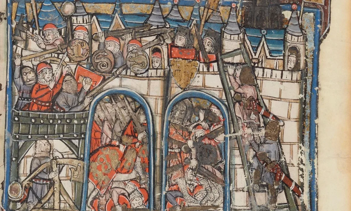 Medieval manuscript painting of armoured knights scaling and attacking the walls and towers of a city.
