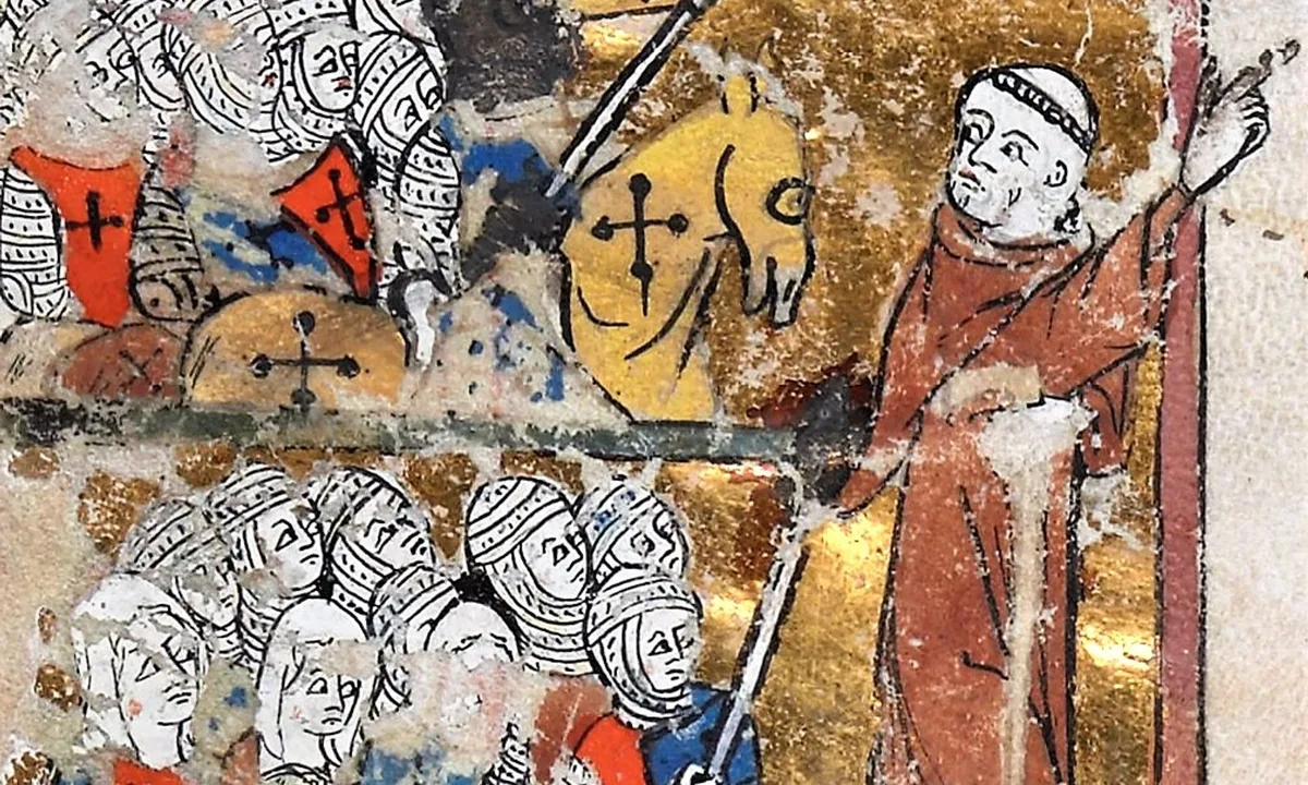 Small medieval manuscript painting of a robed man on a donkey leading a group of armed men on horseback.
