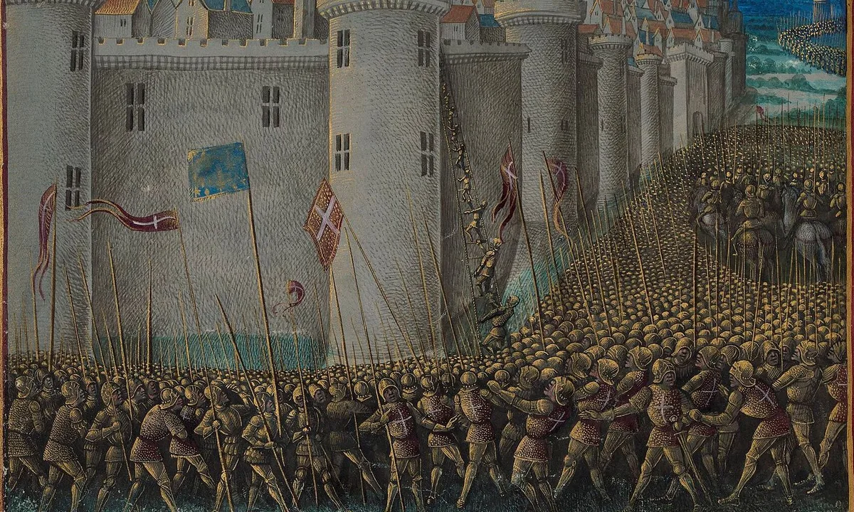 Late medieval manuscript painting of an army with tents and banners camped around a walled city with many towers.