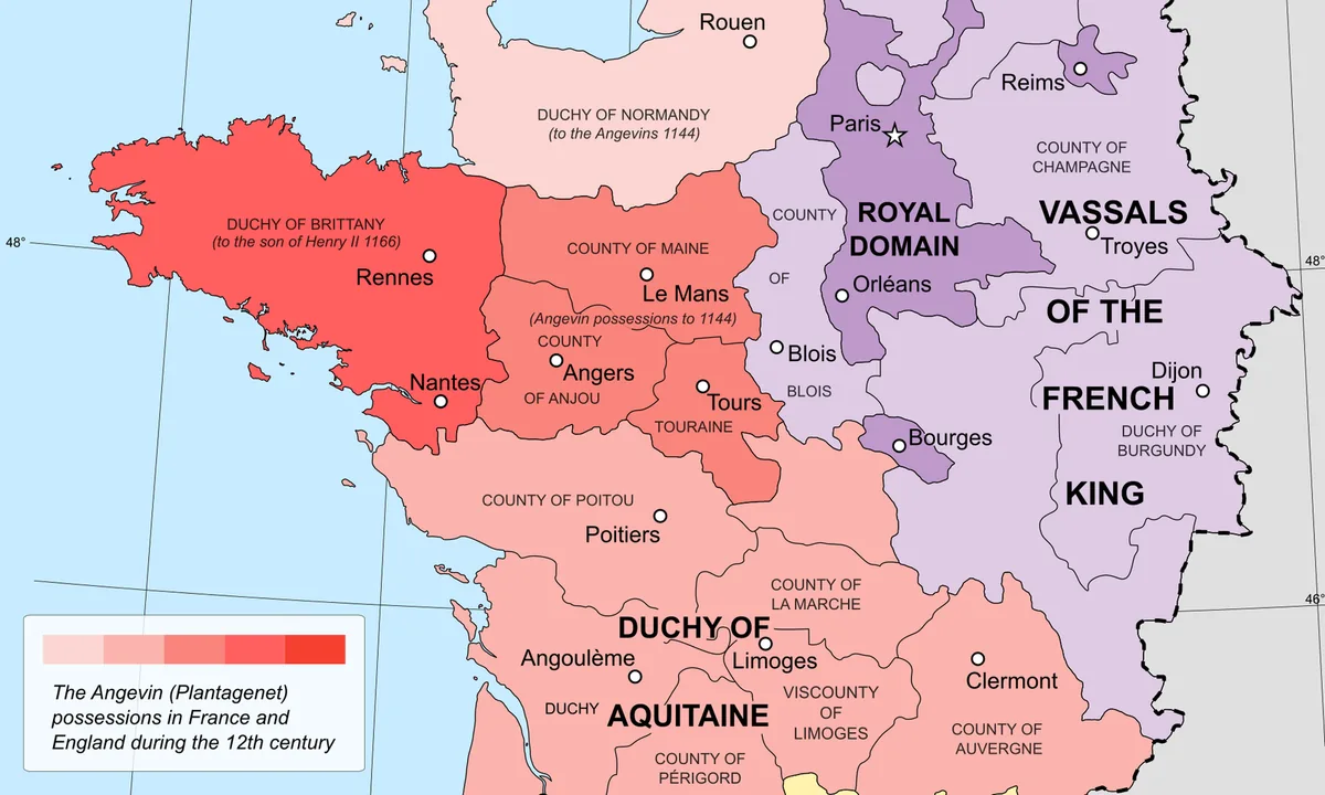 Map of France with the west coloured in shades of red, from Normandy to Aquitaine, and a small purple area around Paris labelled Royal Domain.