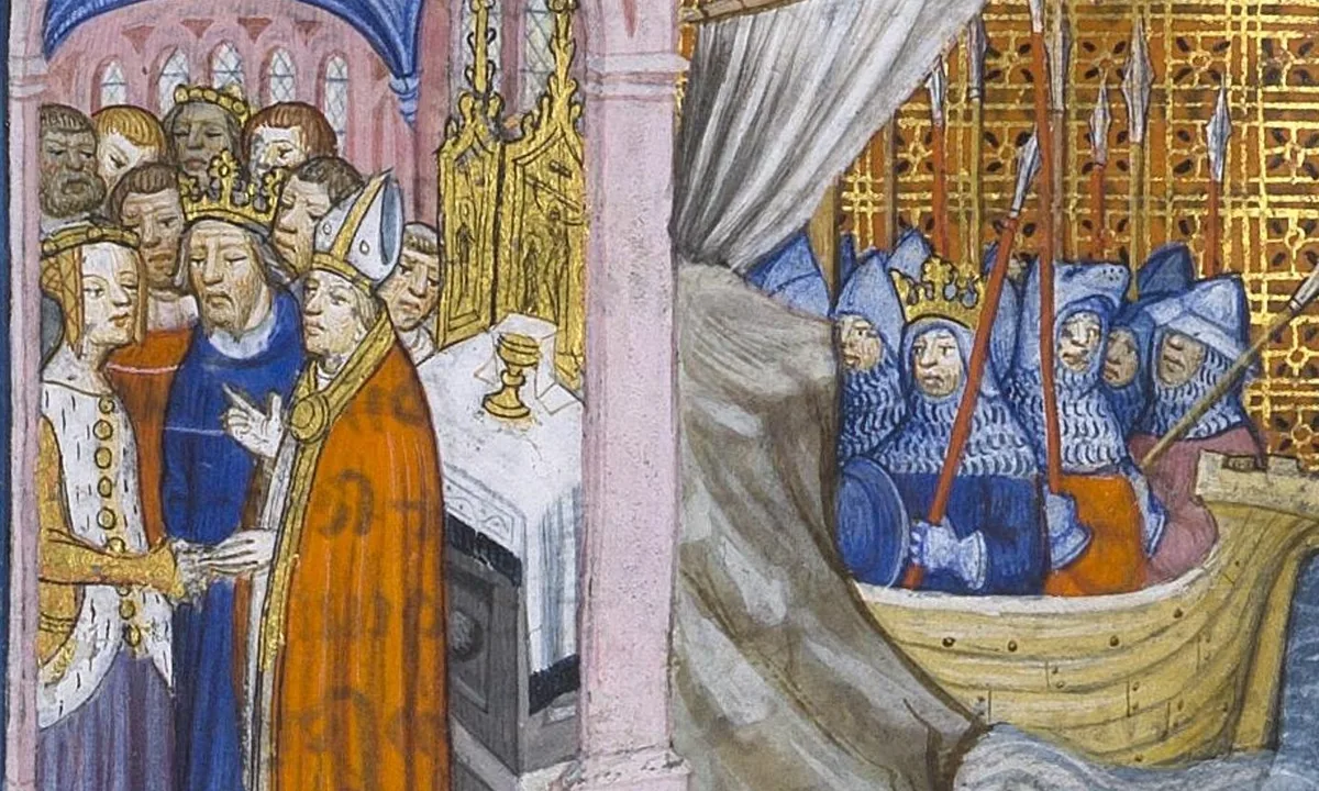 Medieval manuscript painting: on the left a bishop joins the hands of a crowned king and queen before an altar; on the right soldiers in blue helmets with spears crowd into a ship.