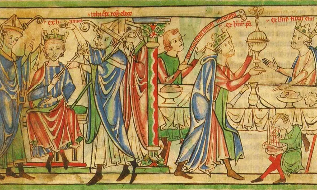 Medieval manuscript painting: on the left two bishops place a crown on a young seated king; on the right a bearded crowned king in a blue cloak offers a golden cup to the young king sitting at a banquet table.