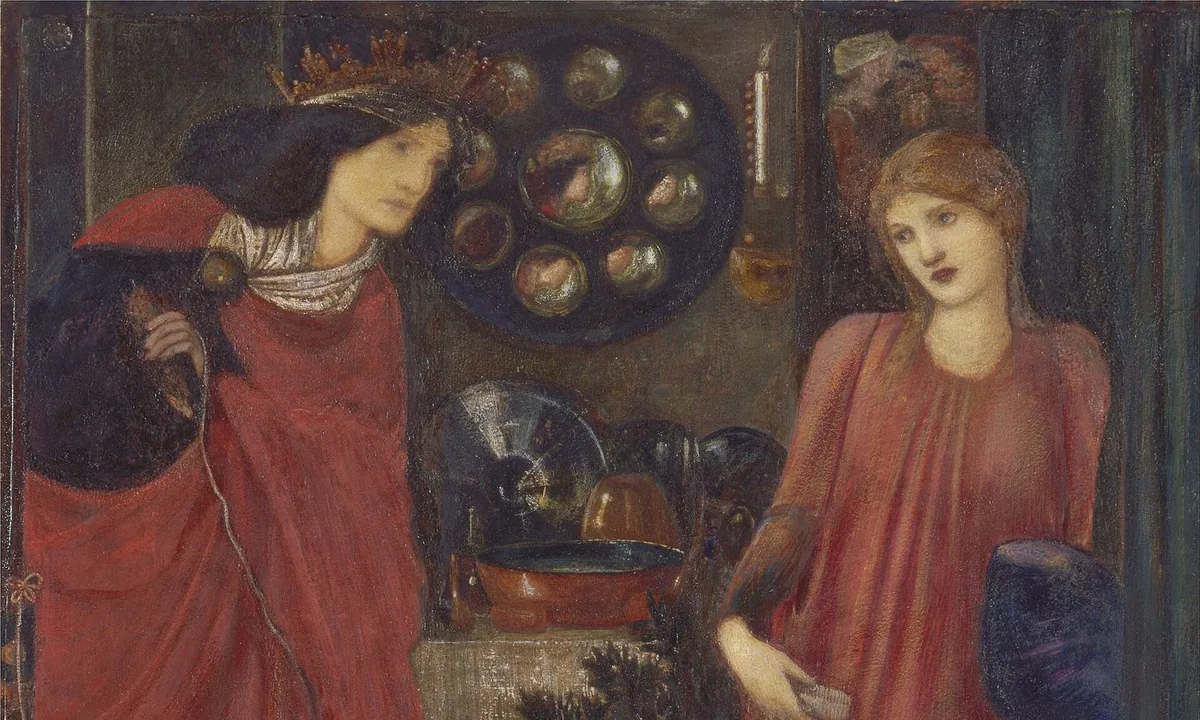 Victorian painting of a dark-haired crowned woman in a red cloak holding a thin thread, stepping into a room where a pale young woman in a rose-coloured dress turns towards her.