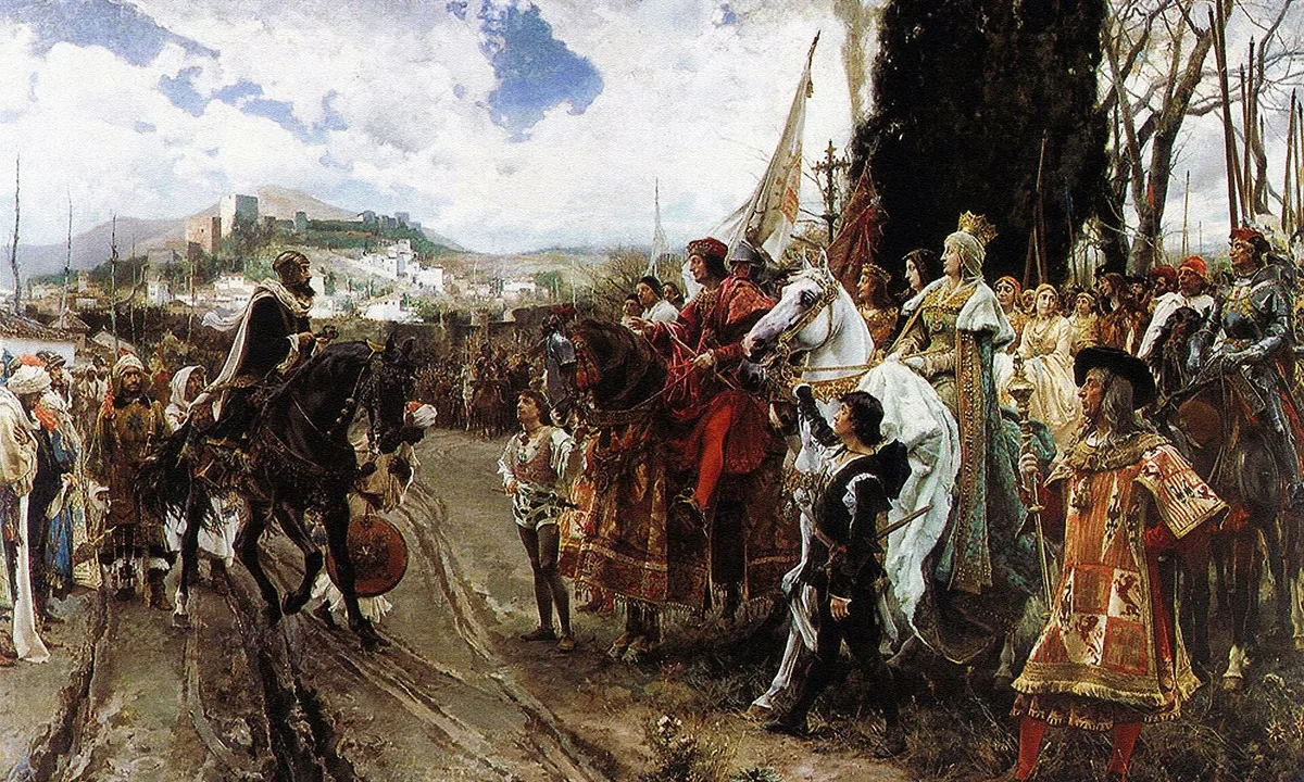 Oil painting of a Moorish ruler on a dark horse meeting the king and queen of Castile and Aragon on horseback, with their court and lances on the right and a hilltop fortress behind.