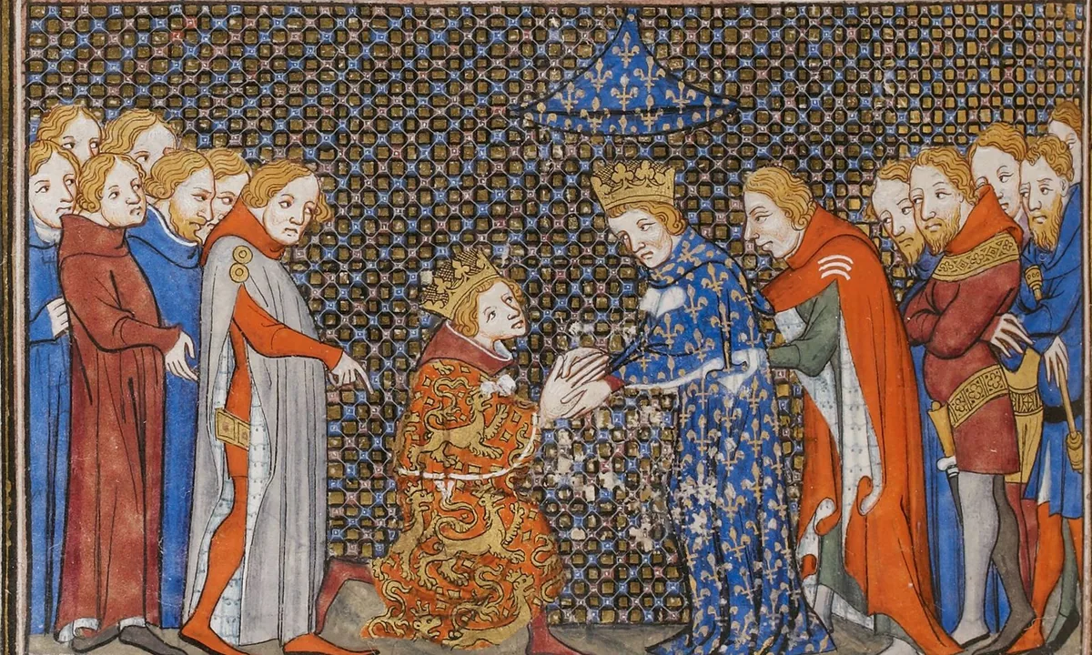 Medieval manuscript painting of a young crowned king in a red robe with gold lions kneeling with his hands between those of a crowned king in blue with gold fleurs-de-lis, courtiers on either side.