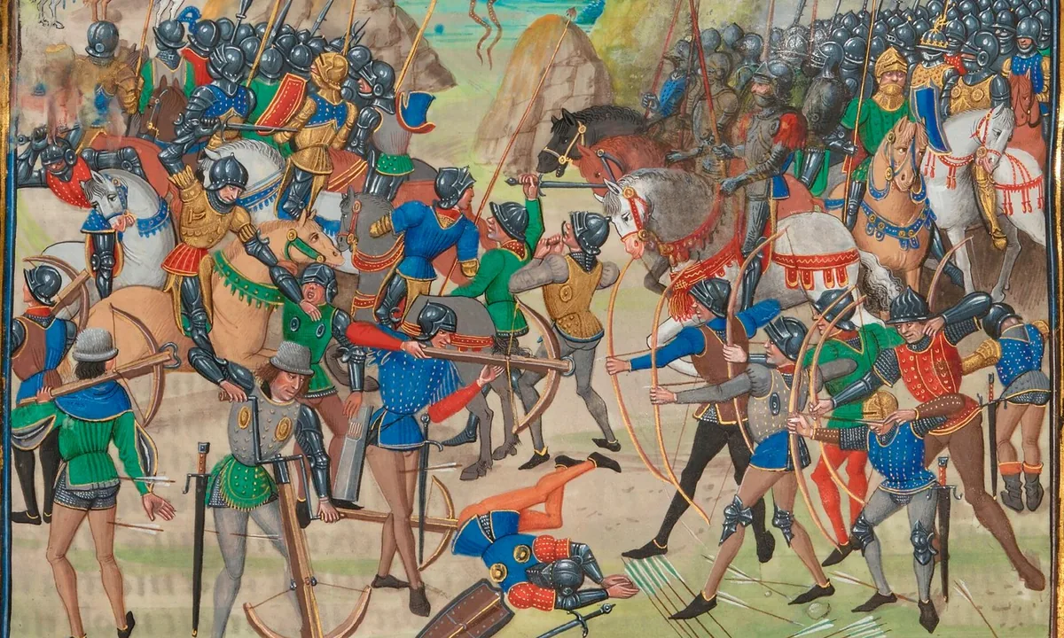 Medieval manuscript painting of a crowded battle: on the left men crank crossbows beneath mounted knights in plate armour, on the right archers in blue and red tunics draw tall longbows, with arrows stuck in the ground.