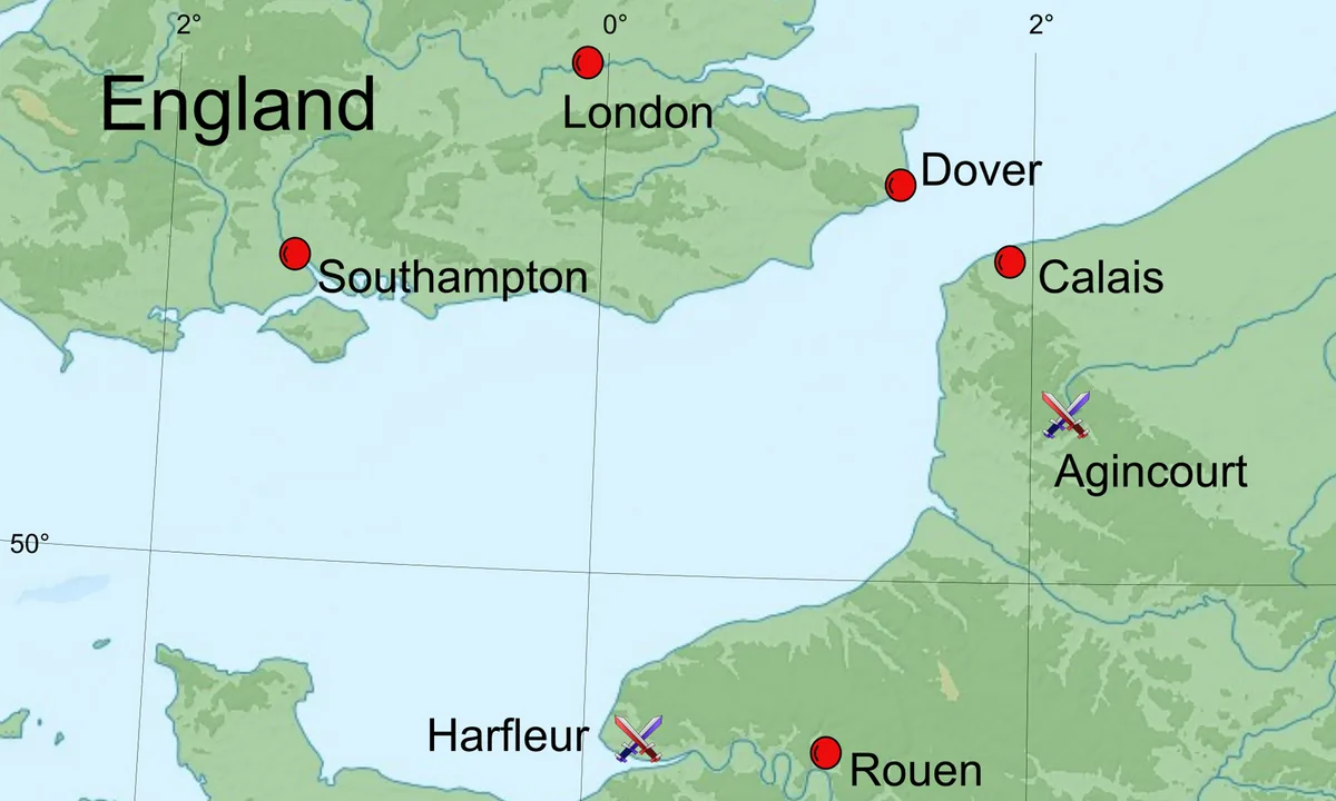 Relief map of southern England and northern France marking Southampton, London, Dover, Calais, Harfleur, Rouen and Paris, with crossed swords at Harfleur and Agincourt.