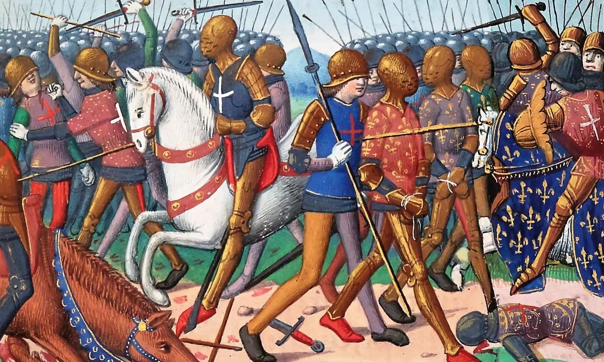 Medieval manuscript painting of armoured men fighting around a rearing white horse, with a fallen horse in the foreground and soldiers leading men with tied hands.