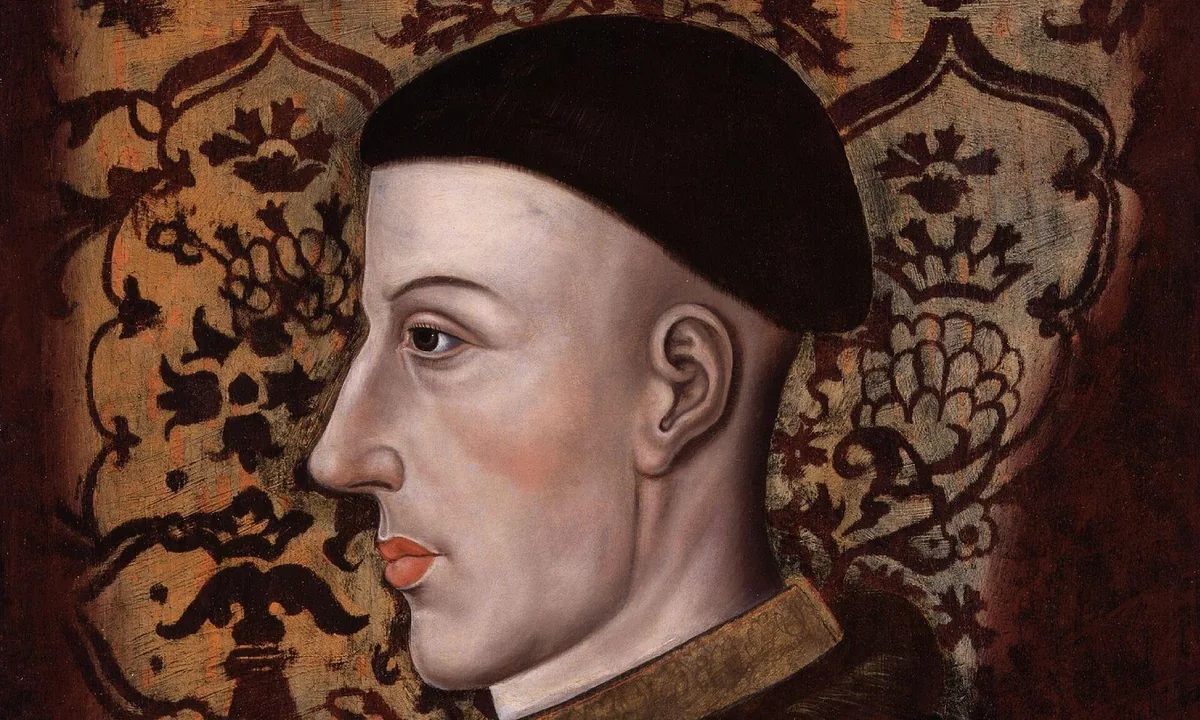 Painted portrait of a man in profile with a close-cropped haircut under a black cap, wearing a red and dark robe with a jewelled gold collar.