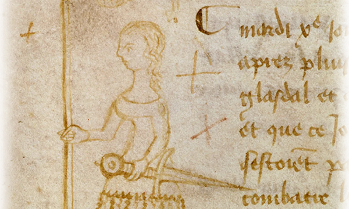 Small ink drawing in the margin of a register showing a woman with long hair holding a sword and a banner.