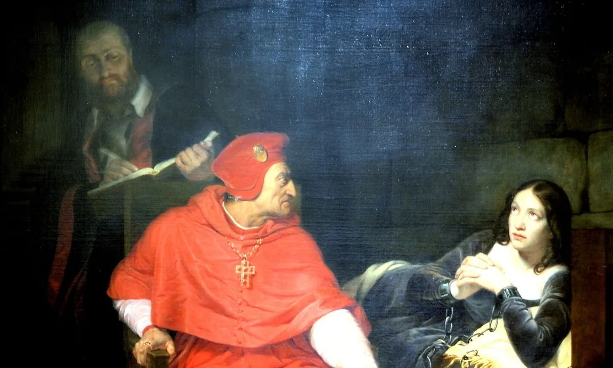 Painting of a dark prison cell: a scowling old cardinal in scarlet robes sits beside a pale young woman with chained wrists lying on straw, her hands clasped, while a clerk behind them writes in a book.
