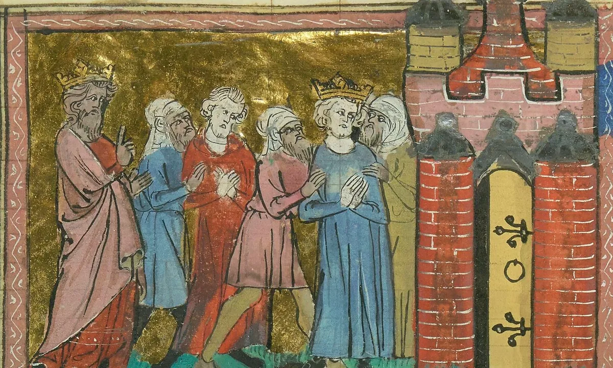 Medieval manuscript painting of a crowned man in a blue robe held by two turbaned men before a red brick castle gate, while a crowned bearded figure gestures at the left, on a gold background.