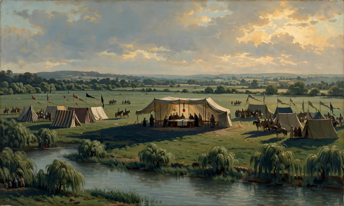 Painted riverside meadow with pavilions and banners, groups of armed men on horseback and small figures gathered around a central tent.