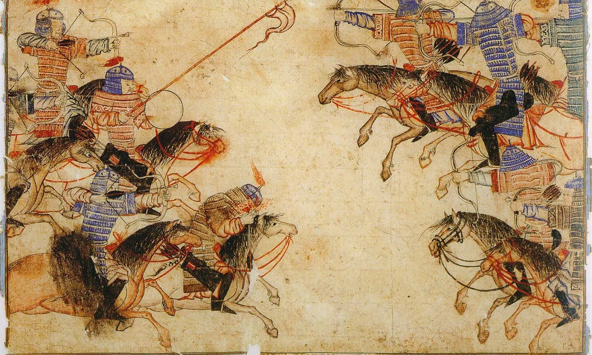 Persian painting of horsemen in padded and scaled armour and pointed helmets charging at each other with bows and a lance across a pale background.