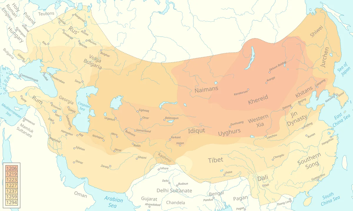 Map of Asia and Eastern Europe with nested orange shades spreading out from Mongolia, each marking the empire's extent in a different year.