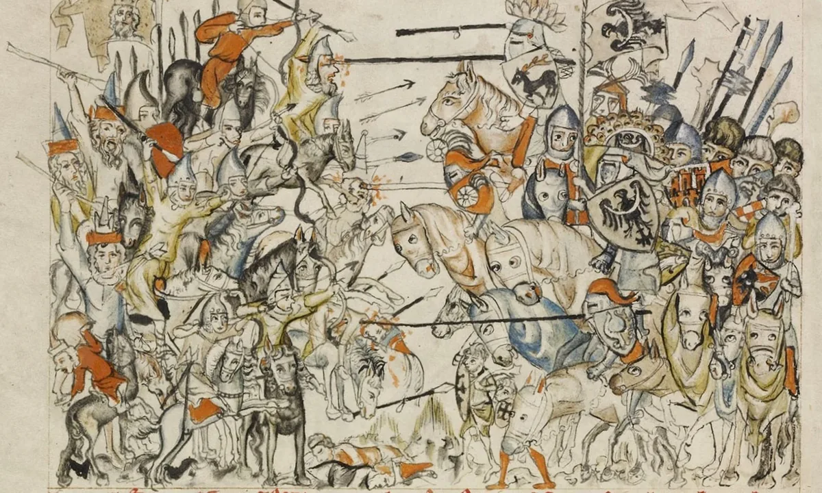 Medieval manuscript painting of two crowded armies on horseback: archers in pointed caps shooting arrows on the left, knights in helmets with eagle shields and banners on the right.