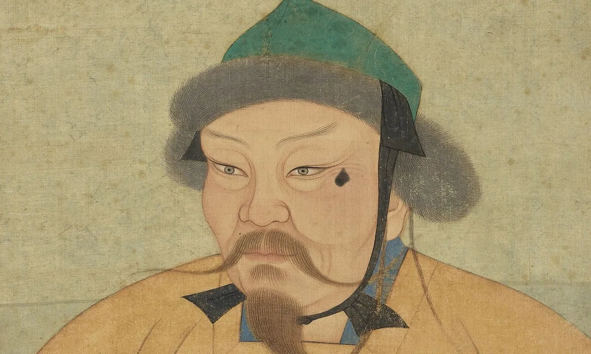 Chinese painting on silk of a heavy-set man with a long curling moustache and small beard, wearing a green cap with a grey fur brim and a yellow robe.