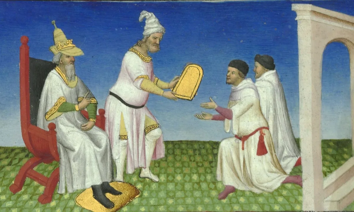 Medieval manuscript painting of a bearded ruler on a red throne while an attendant hands a golden tablet to two kneeling travellers in white robes.