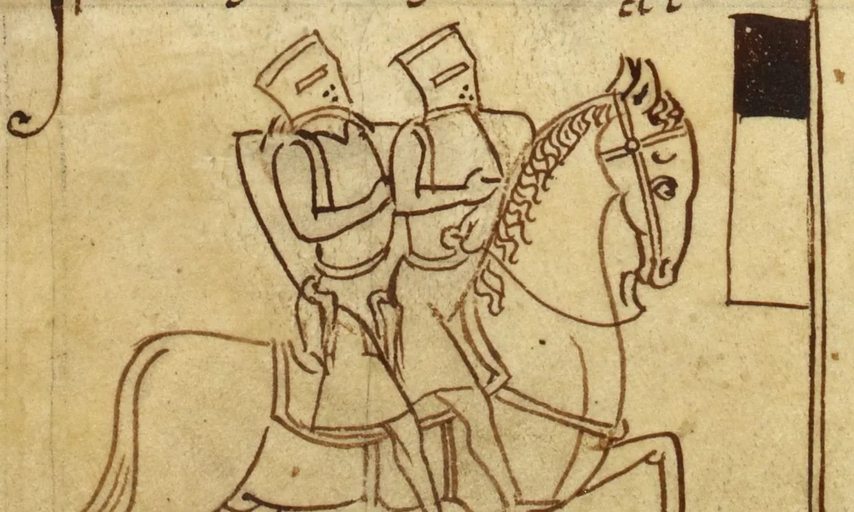 Pen drawing of two helmeted knights sharing a single prancing horse, beside a black and white banner.