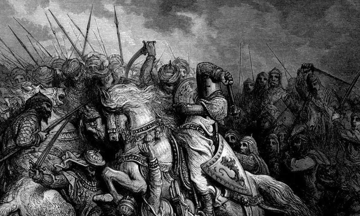 Black-and-white engraving of a crusader knight with a lion shield on a rearing white horse, swinging a weapon in a crowded battle against turbaned riders with curved swords.