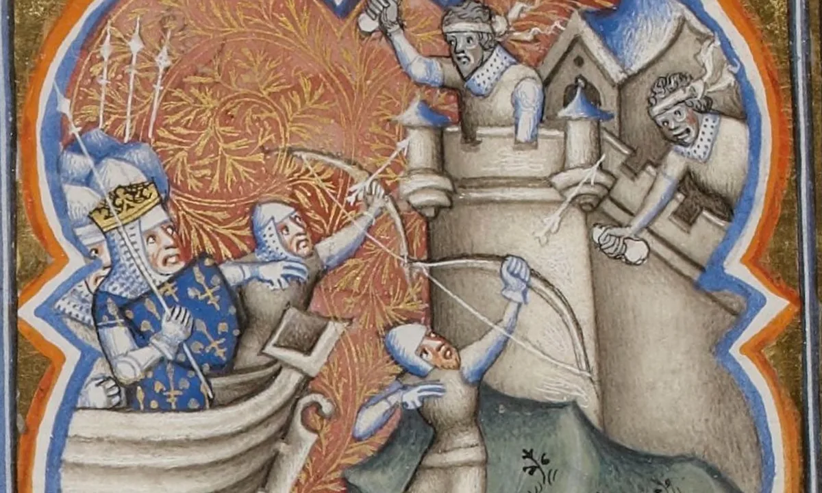 Medieval manuscript painting: a crowned king and soldiers in a boat beside a castle tower, an archer shooting up at defenders who hurl stones from the battlements.