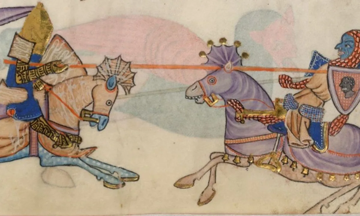 Illuminated manuscript scene of two horsemen charging at each other with lances: a knight in a gold helmet on the left and a Saracen rider with a shield on the right.