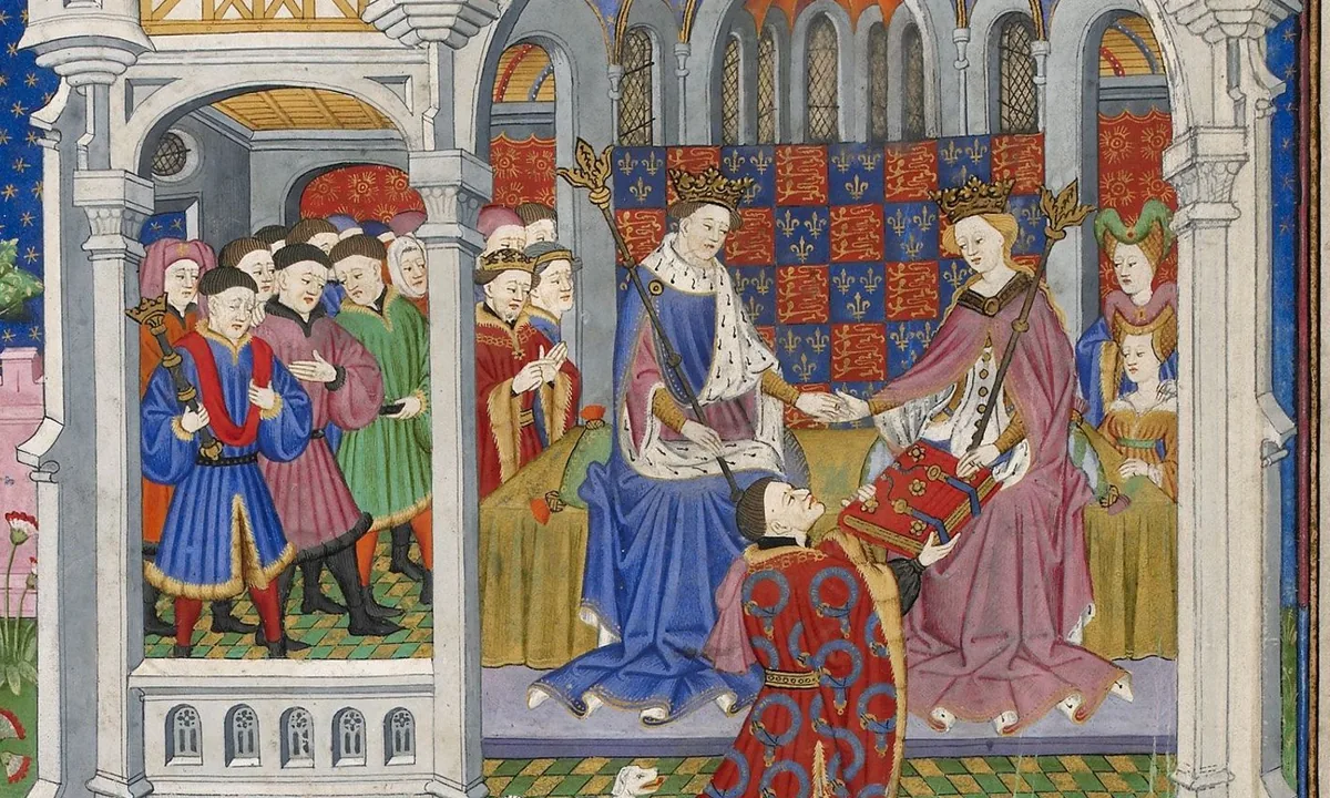 Medieval manuscript painting of a crowned king in blue and a crowned queen in pink seated under a canopy of English royal arms, a kneeling lord in a red robe offering a red book, courtiers watching from an arcade on the left.