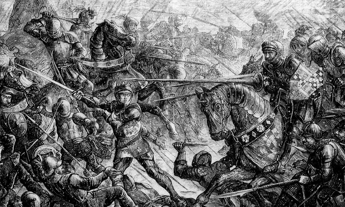 Black-and-white engraving of armoured knights and a barded horse fighting at close quarters as snow streaks across the scene.