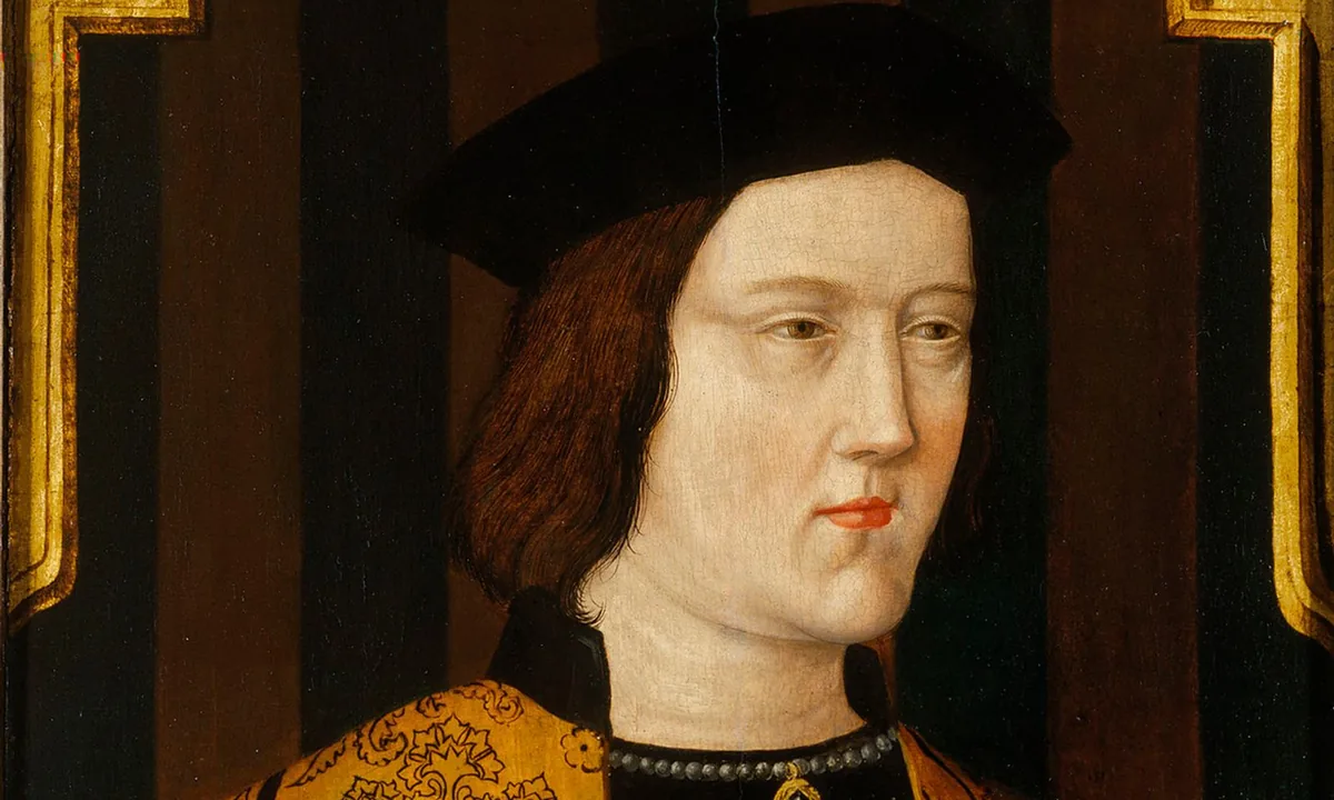 Painted portrait of a clean-shaven man with shoulder-length brown hair and a black cap, wearing a black and gold brocade robe.