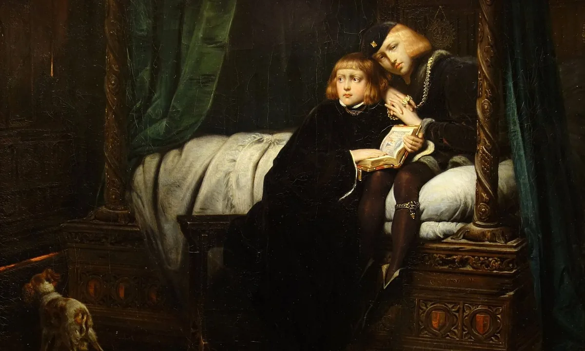 Painting of two fair-haired boys in black clothes huddled together on a curtained bed in a dark room, one holding a book, while a small dog looks toward a door.