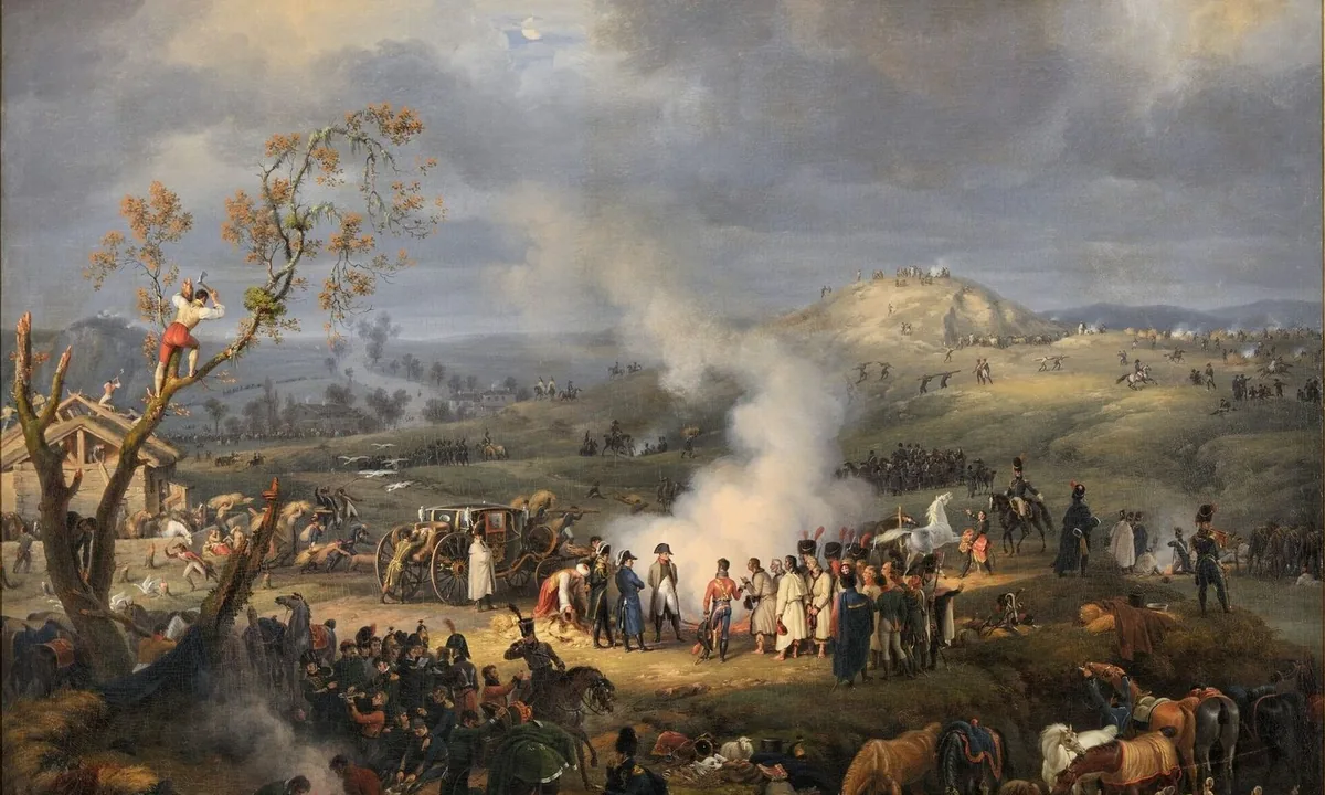 Painting of officers and soldiers gathered by smoke on a hillside at dusk, with a man up a tree and a wide valley and distant town beyond.
