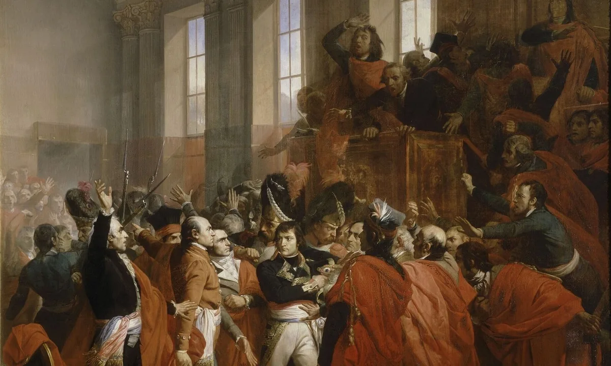 Painting of a general in a dark uniform being jostled by a crowd of deputies in red robes inside a tall hall.