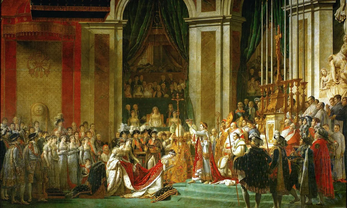 Enormous painting of a ceremony in a vast cathedral, with a man in a laurel crown holding a crown above a kneeling woman, and a pope seated behind him.